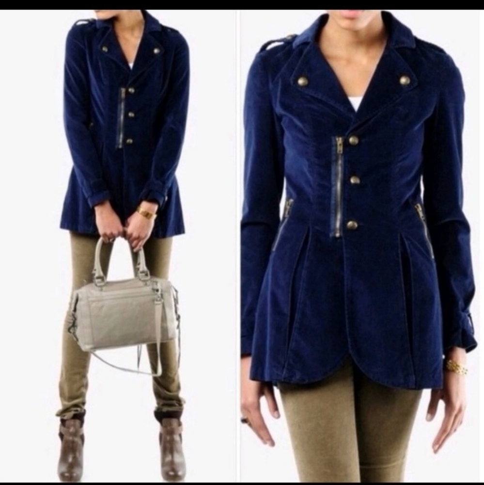 Vintage Free People Sz 6 Velvet Navy Blue Jacket Gold Buttons Pleats Sgt. Pepper